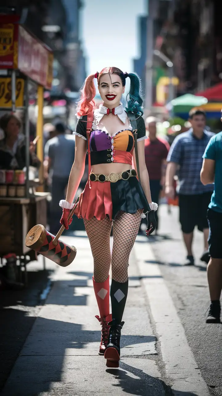 Harley Quinn happily walking on the streets. Daytime 