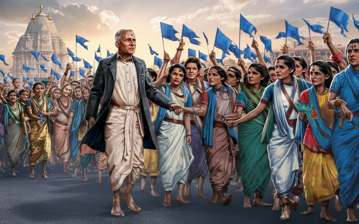 Dr.Babasaheb Bhimrao Ambedkar walking steps dhoti black coat shirt along with many people holding Blue flags in their hands while protesting background temple sky