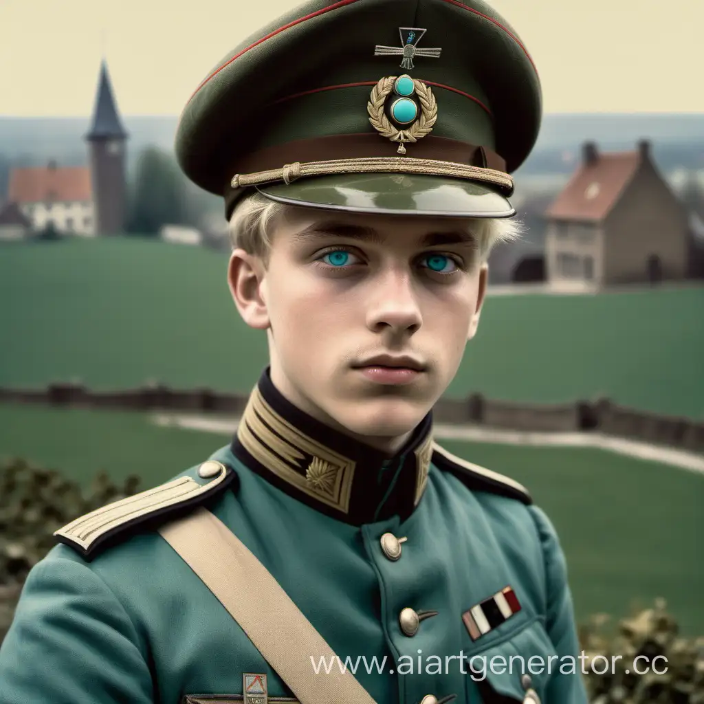 Молодой парень 17 лет, блондин с глазами бирюзового цвета одет в военную форму Германской империи 1916 года в звании лейтенанта; он с воодушевлённым лицом смотрит перед собой. На заднем плане виднеется весенняя бельгийская деревня или поле.
