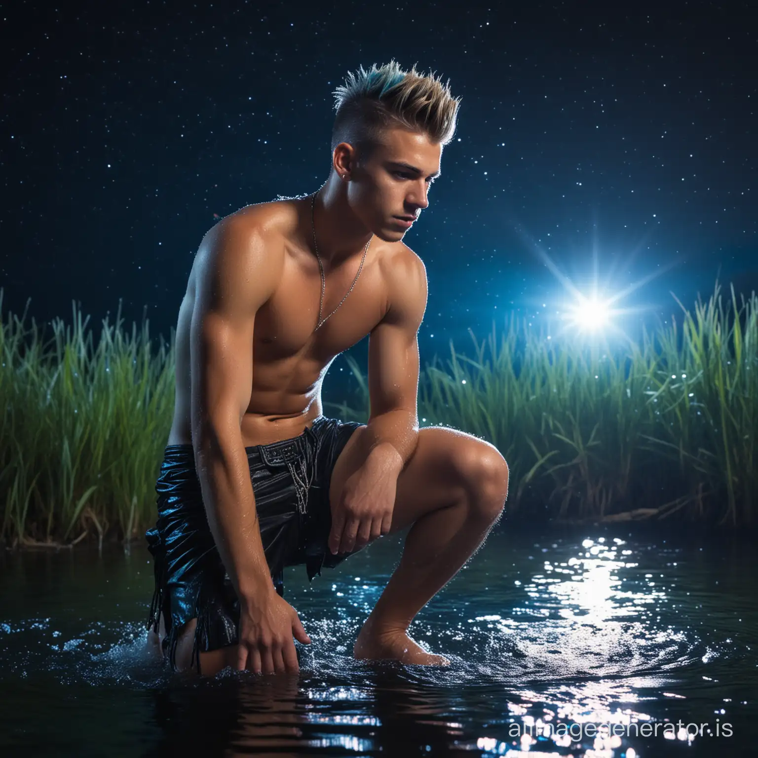 Sexy young sweaty teenage shirtless muscular male in loincloth, crouching in water in a natural oasis by night. Blue neon colors ambient. The sky is full of stars. Teasing. Mohawk hairdress. The clothes must be black.
