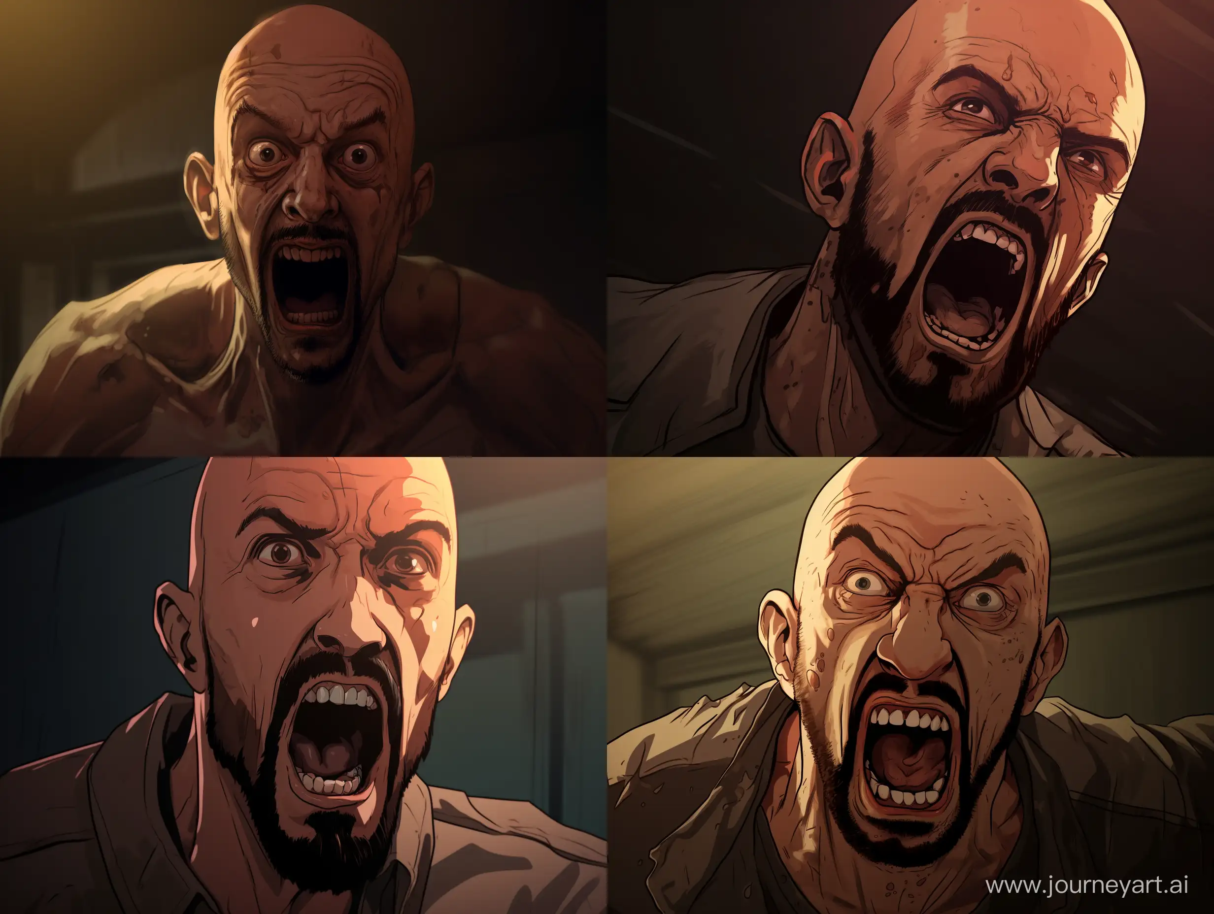 A man with shaved hair and a short, neatly trimmed beard, his face contorted in sheer terror. He stands in a dimly lit room, his eyes wide and darting around frantically, as if he sees something unspeakable lurking in the shadows. His lips are pressed together in a tight line, his teeth clenched against the unbearable fear that grips him. The horror game theme is evident throughout the room, with decrepit furniture and eerie, flickering lights casting strange shadows across the walls. The man is dressed in casual clothing, his once-comfortable attire now feeling tight and restrictive as he tries to flee from whatever sinister force is pursuing him. His surroundings hint at a recent struggle; overturned furniture and scattered personal effects litter the floor, adding to the sense of panic and disorientation. The image captures the man at a moment of intense fear, as he realizes that he is trapped in a nightmarish world where escape seems nearly impossible.