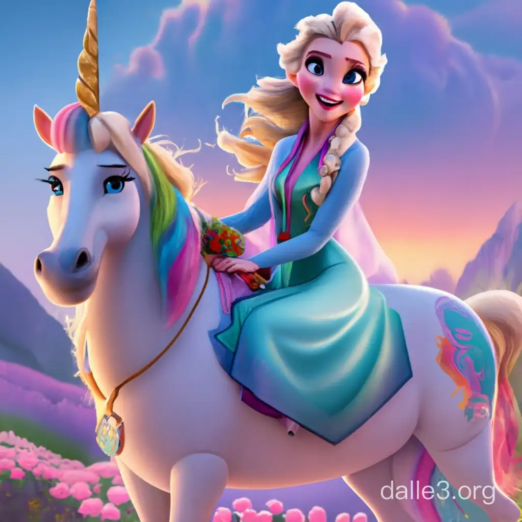 Elsa from the movie frozen riding a colorful unicorn