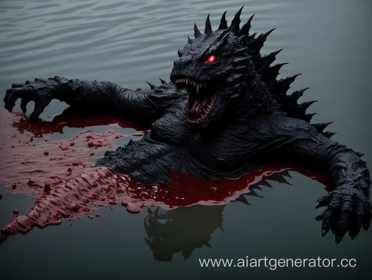 a black Godzilla-like monster lies dead in the water with a lot of blood