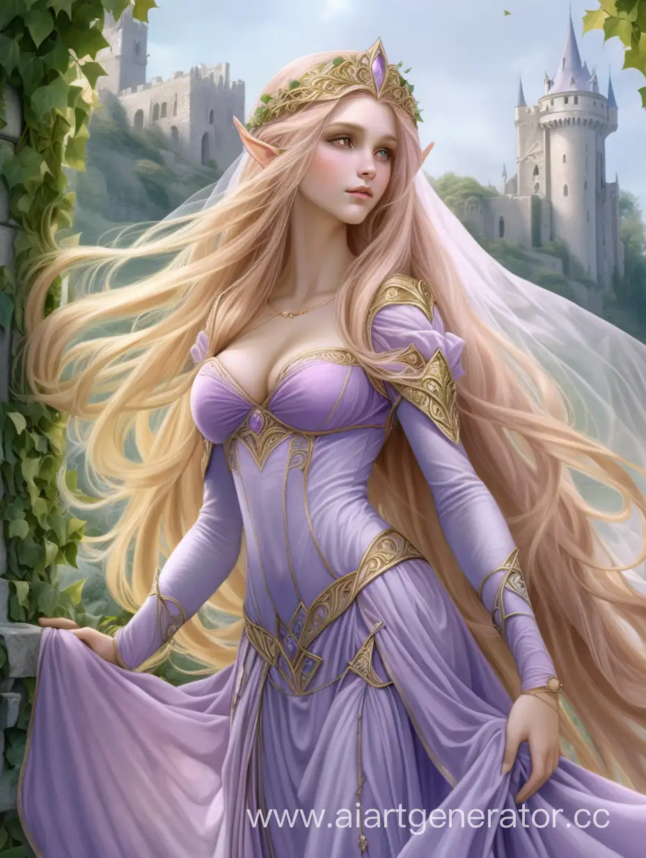 Девушка эльфийская принцесса, с большой грудью, с нежно-розовыми очень длинными волосами развивающимися на ветру, с жёлтыми глазами, с диадемой, в нежно лиловом платье с золотистой окантовкой, с полупрозрачной вуалью на плечах, на фоне заросшие плющом развалины старого замка, 