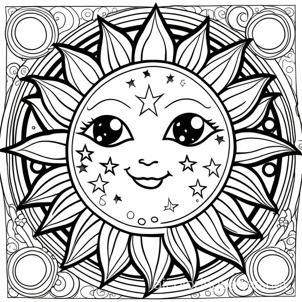 an adult coloring page of a cute sun and moon cosmo style. Put eyes noses and mouth on the sun and moon. Make it very detailed., Coloring Page, black and white, line art, white background, Simplicity, Ample White Space. The background of the coloring page is plain white to make it easy for young children to color within the lines. The outlines of all the subjects are easy to distinguish, making it simple for kids to color without too much difficulty