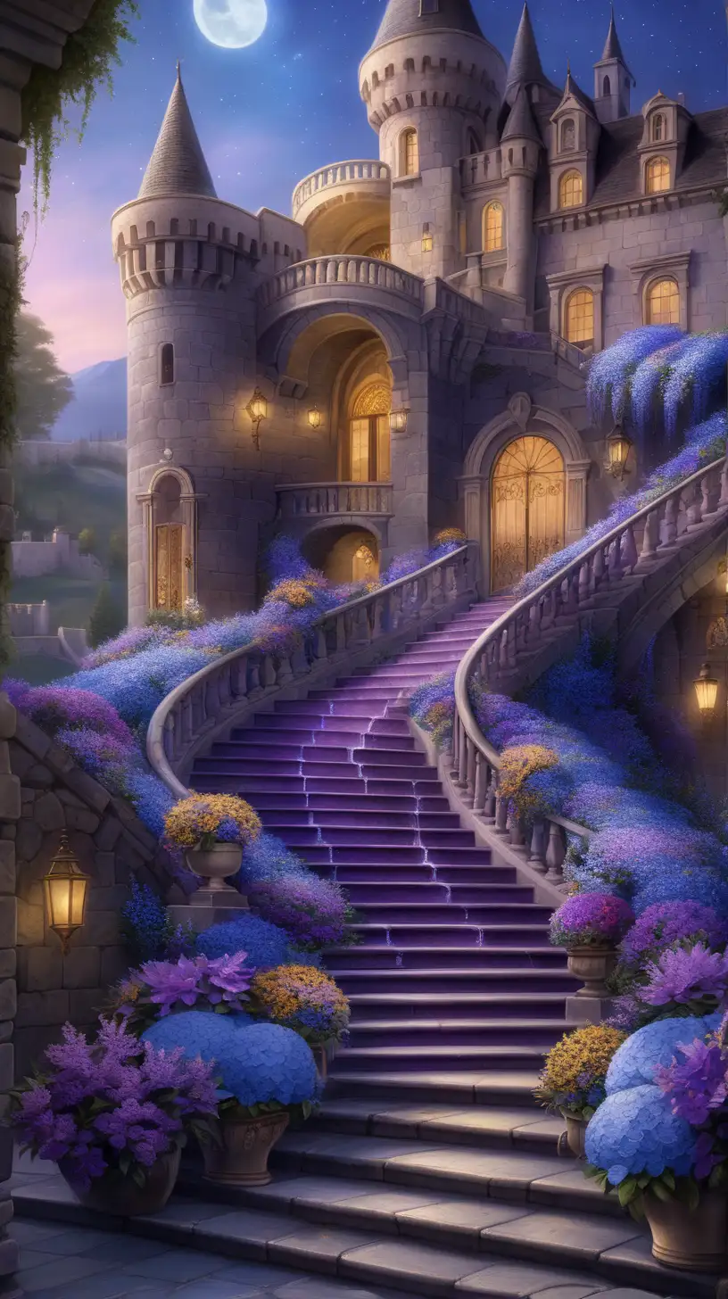 there is a moonlit sweeping staircase off the side of the patio. everything is dripping in flowers and gold. the flowers are purple and blue. the stairs and patio are neutral. it's a castle