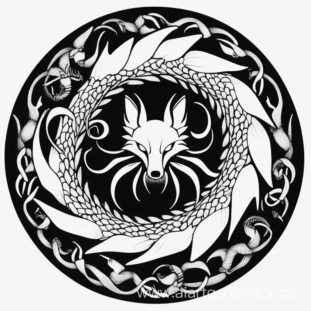 Символ роя, внутри круг символизирующий власть, сам круг оплетён тентаклями, а всё это находиться в пасти лисы, всё это в черном белом цвете
