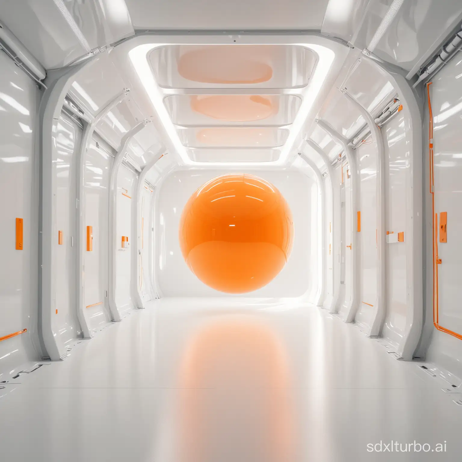 futuristic background with orange sphere on white, in the style of illuminated interiors, medicalcore, aerial view, rim light, solarization, superflat, passage