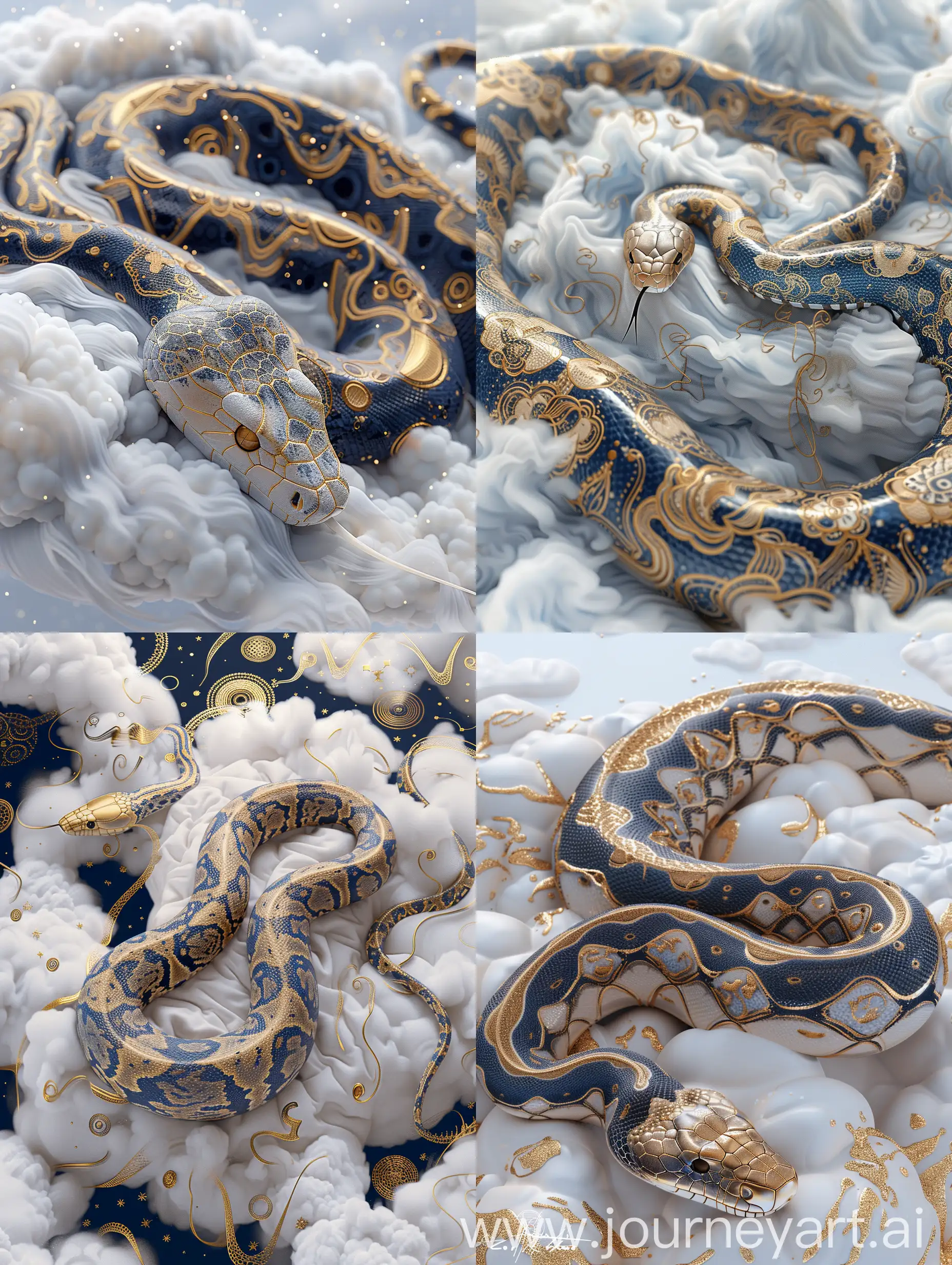 A giant snake sleeping on a cloud, light navy blue and gold style, translucent texture, zbrush, cosmic art, swirl,anime aesthetic, furry art, exquisite, 3D, C4D rendering,8K, ultra high detail 