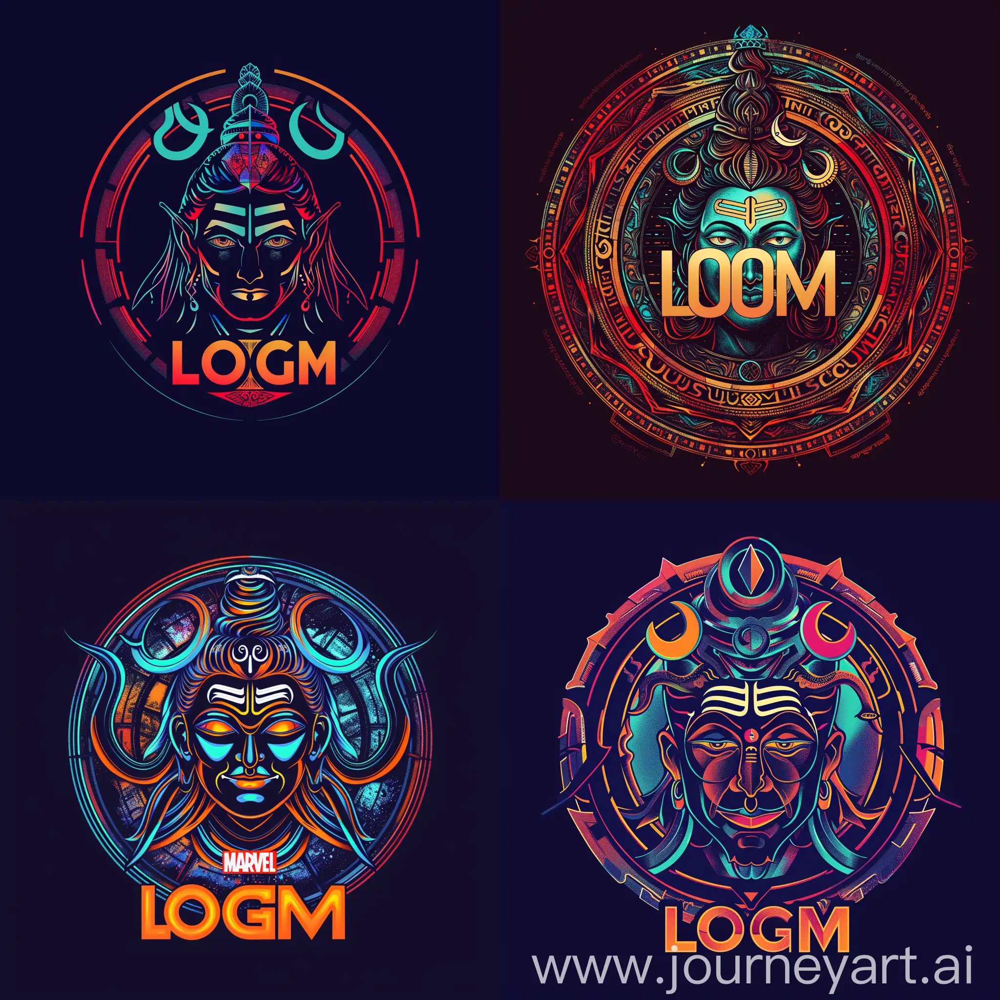 make logo of name LOGM . It has a circular shape with panchamukhi shiva  god form. The face has vibuthi with trishul representing power. The logo is also stylized with inspirations from avengers theme, using the same colors and font as the marvel saga., in the style of suprematism, kaleidoscopic.Cinematic Approach towards Visualization of Lord Shiva Reimagined in Midjourney V6.
