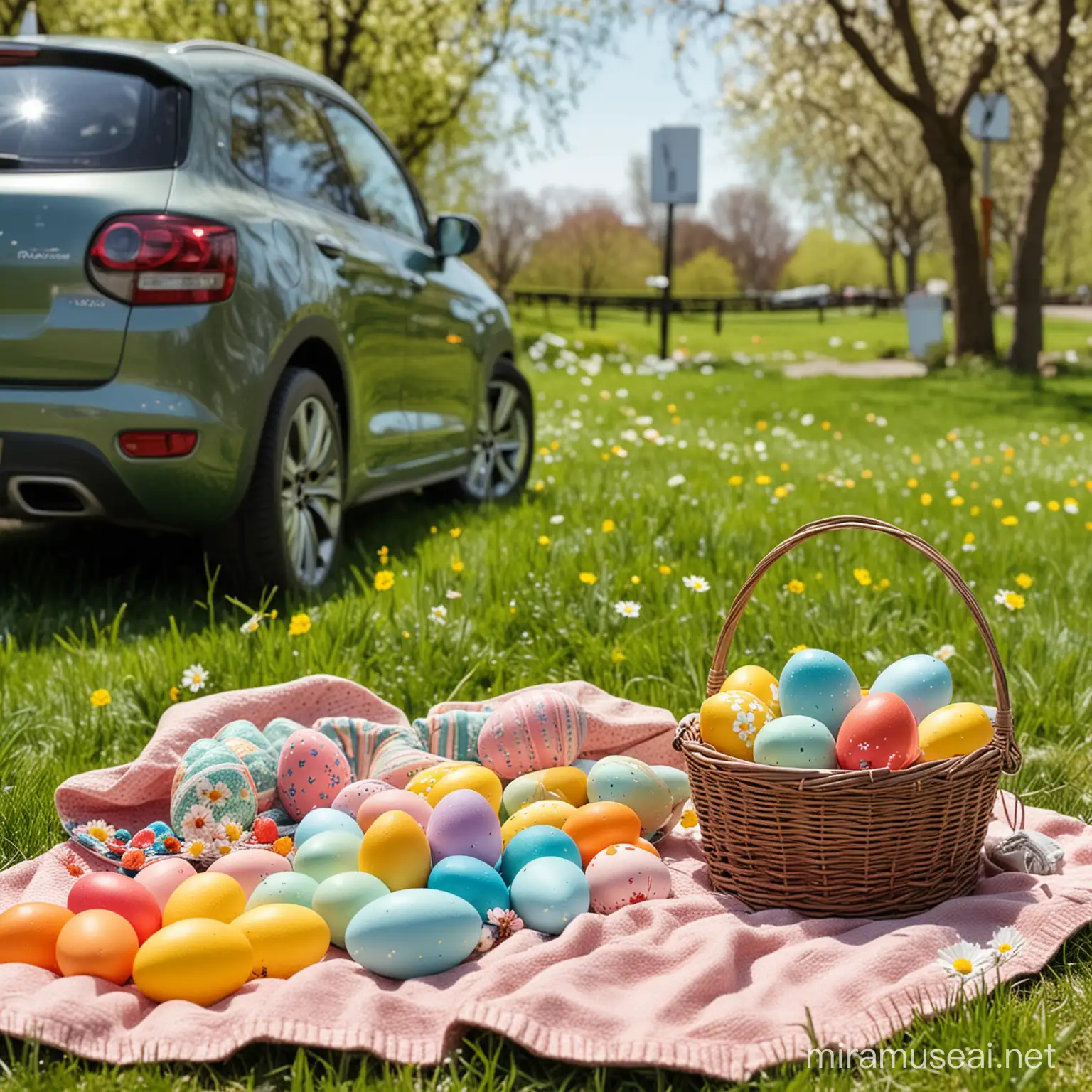 A beautiful spring day in a park. Close up of easter eggs in basket and flowers, bunting and food on blanket on green meadow. In the distance, an EV car parked near an EV charging station.