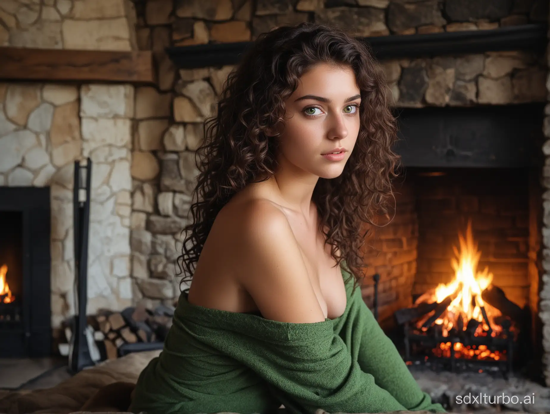 Beautiful girl 22 years old, green eyes sitting in front of a fire place at the old house black curly hairs body transparent clothes naked dreamy atmosphere,