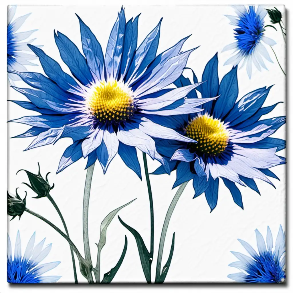 /imagine prompt pastel watercolor Cornflower 
 flowers, washed out color,  grows daisy-like double heads BLUE COLORS clipart on a white background andy warhol inspired --tile