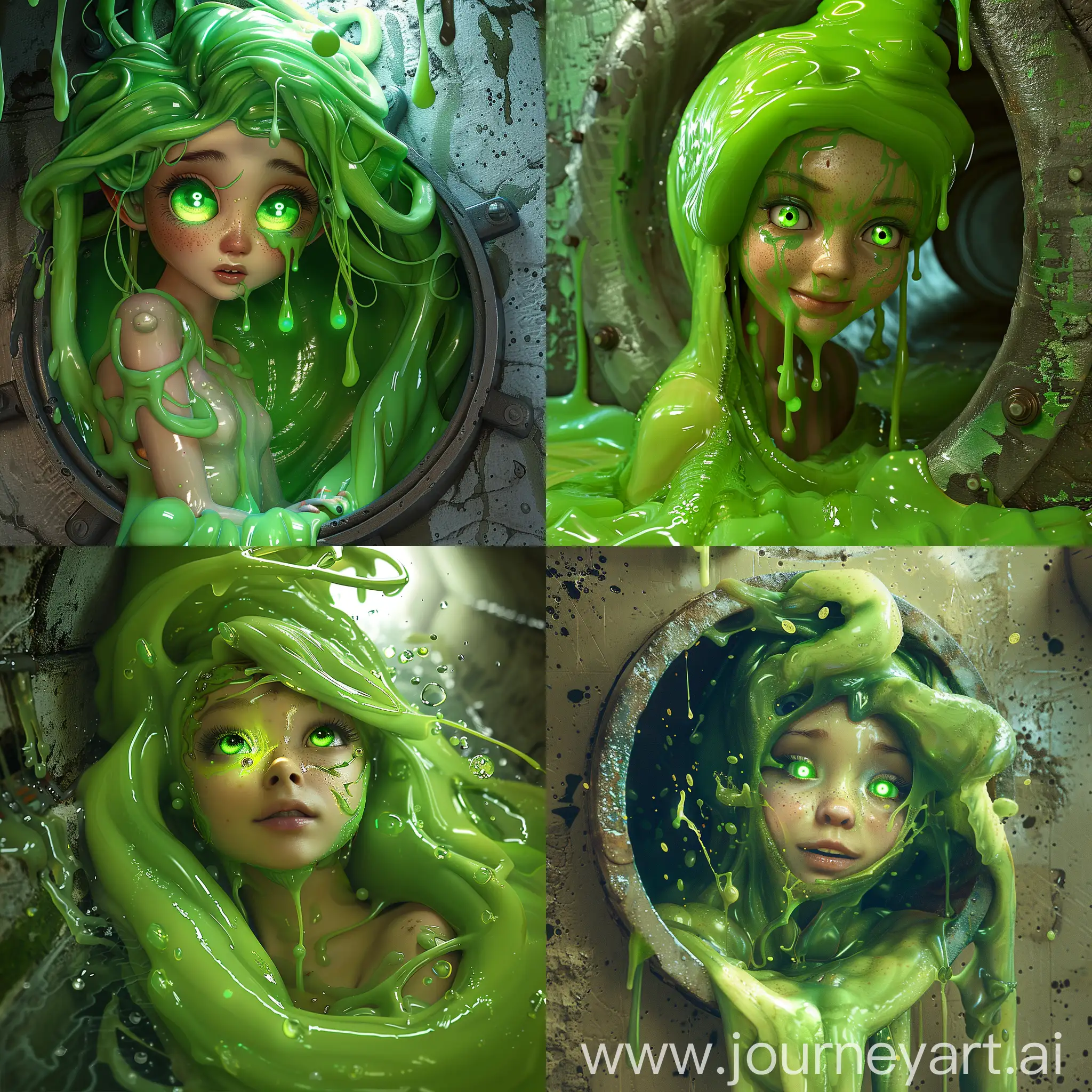 A Fantasy Slime Girl Is Emerging From A Sewer, A Slime Girl Is A Fantastic Being Fully Made From Slime With No Skin Or Flesh, Cute Face, Gorgeous Looks, Feminine, Hot And Attractive, She Is Like A Pile Of Goo But Cute And Funny, Her Eyes Are Bright Light Having Green Orbs, And Her Body Is Full Of Slime, Her Hair Is Just Green Colored Slime Dripping From Her Head, High Detailed, 8k, Detailed, Detailed Slime Face, Anime Like Slime, Steampunk Creature, No Attire, Slime Green Body, Steampunk Creature