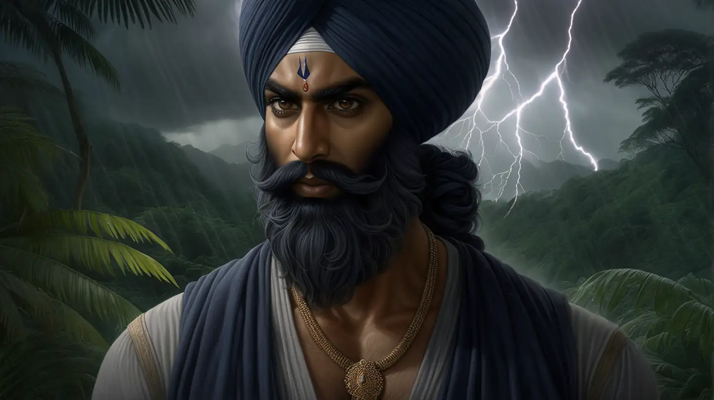 Sikh, all hair tucked under turban, Dark, gloomy, lightning strikes in the background, harsh jungle, chiaroscuro enhancing the intricate details, in a digital Rendering “v6”