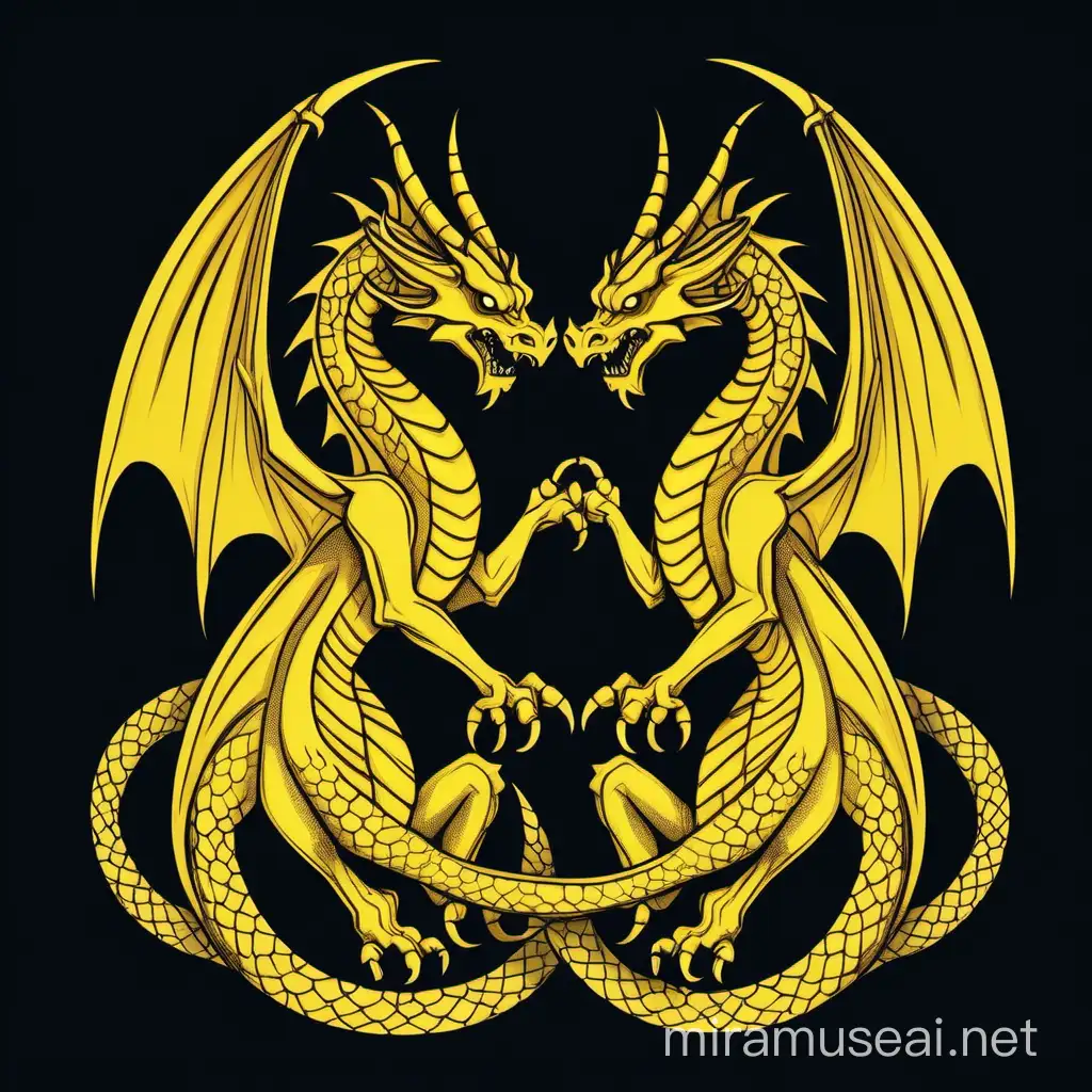 simple 2d drawing vector design on a black background with Two yellow dragons intertwined with each other
