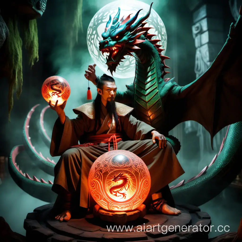 хитрый дракон выглядывает из-за спины шамана, сидящего на ритуальном кресле, у которого в руках большой светящийся шар