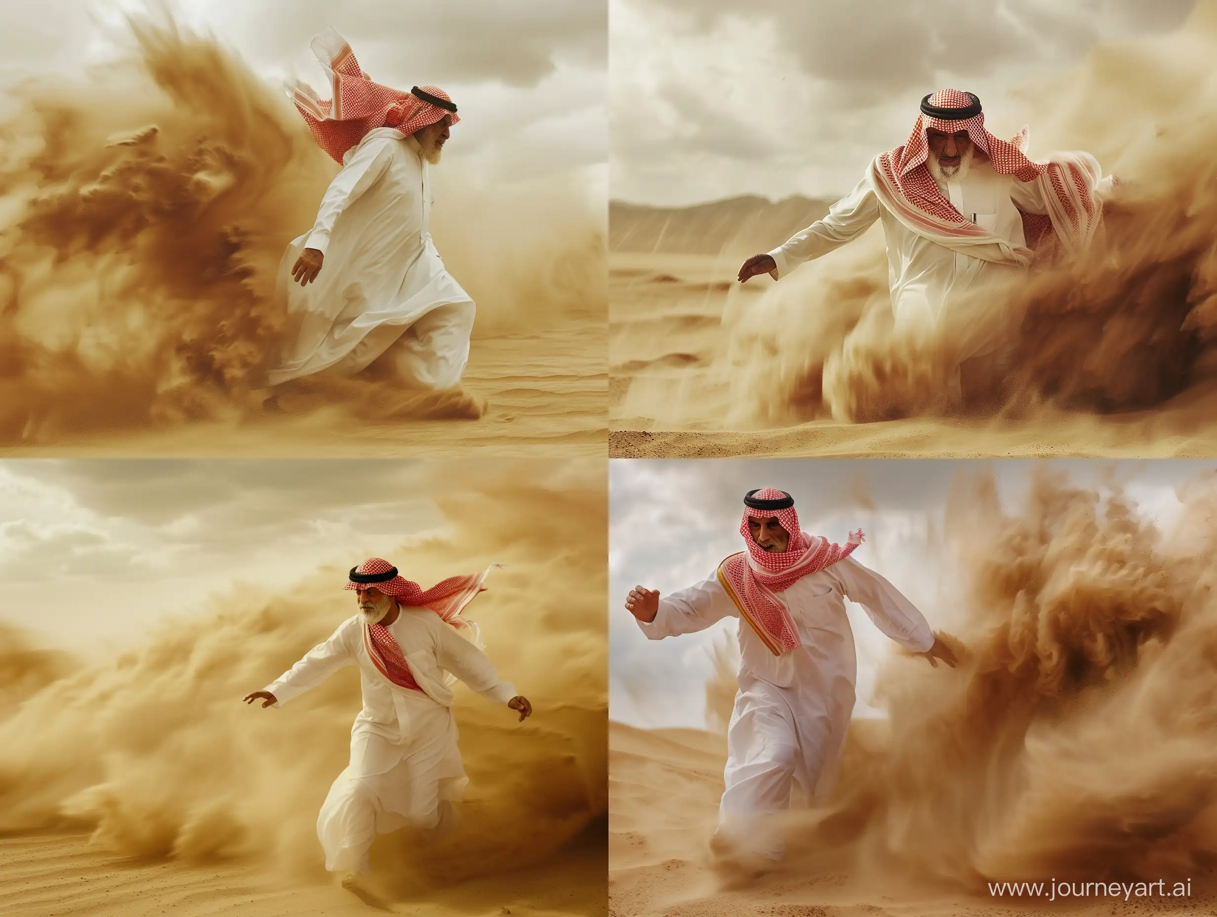 An opening image of an old Saudi prince wearing the traditional white Saudi dress and red shemagh, disappearing in a sandstorm on a desert-like the style of a cinematic masterpiece, professional cinematography, shallow depth of field, subject in focus, professional color grading, precise dynamic movement, cinematic film Professional film camera