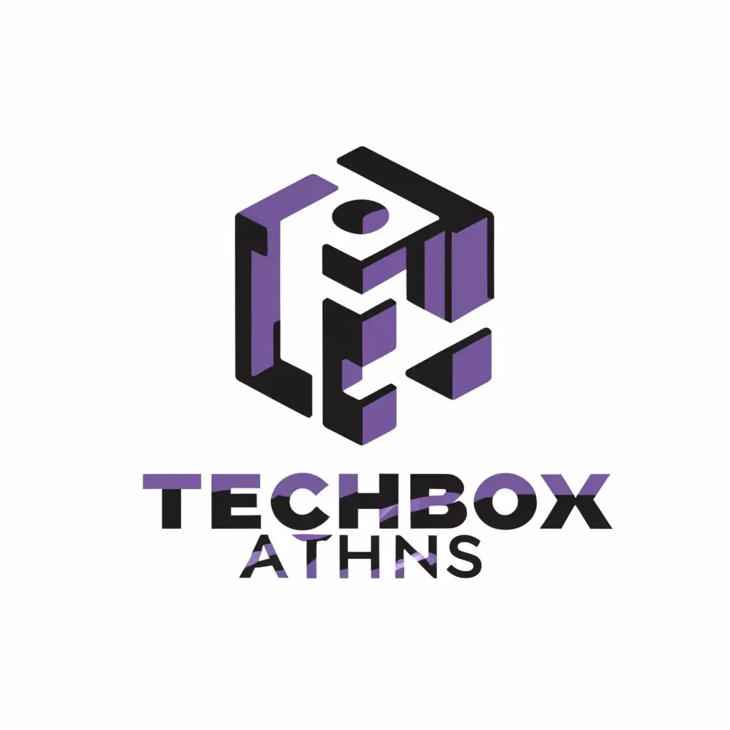 a logo design,with the text "TECHBOX ATHENS", main symbol:a purple cube with only the two sides and top,Moderate,be used in Technology industry,clear background