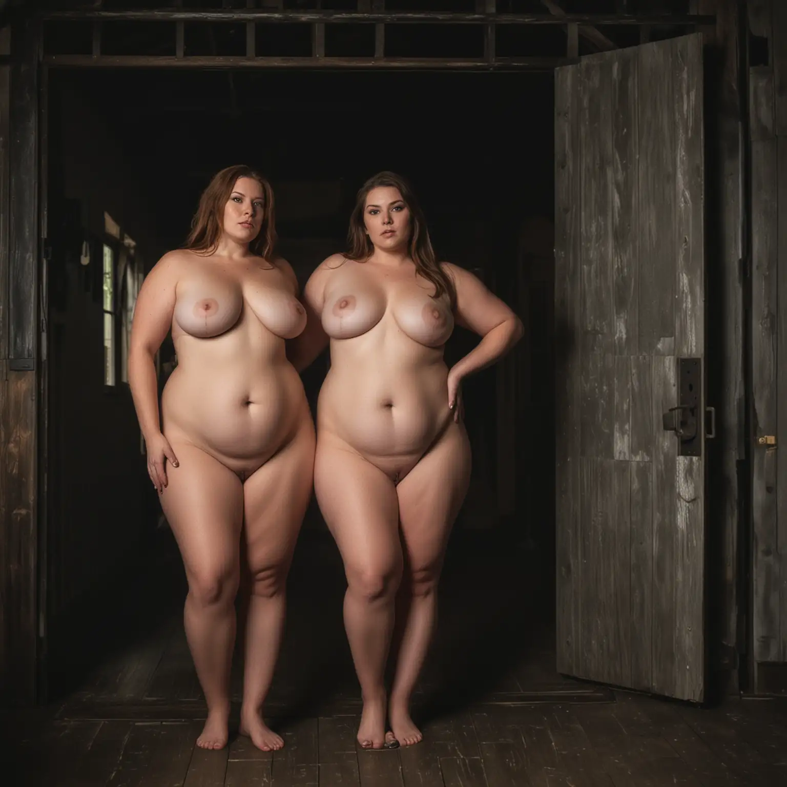 Two heavenly beautiful BBW, naked, standing in a dark house