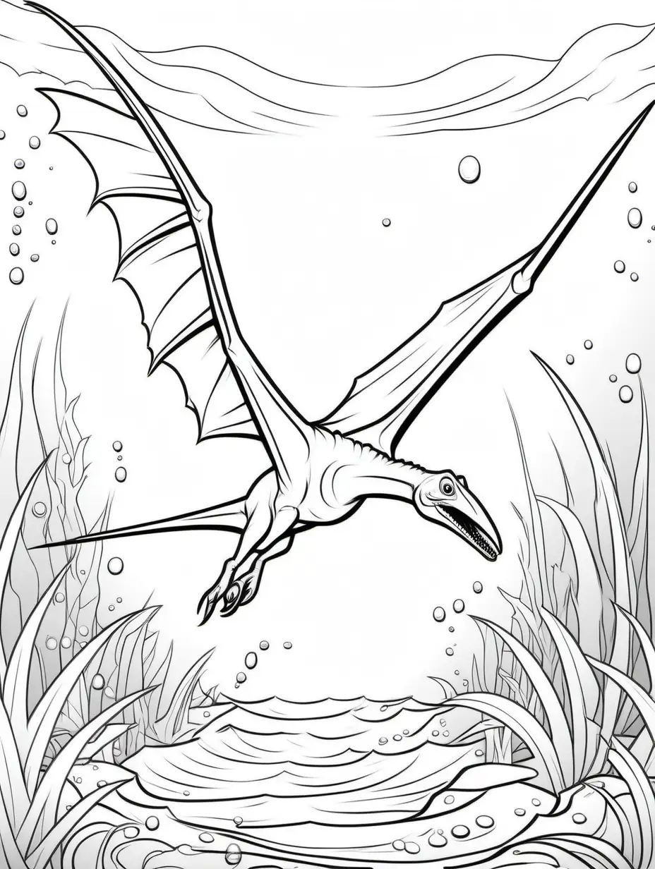 coloring page for kids, Pterodactylus Underwater, cartoon style, thick lines, low detail, no shading -- ar 9:11 --v5