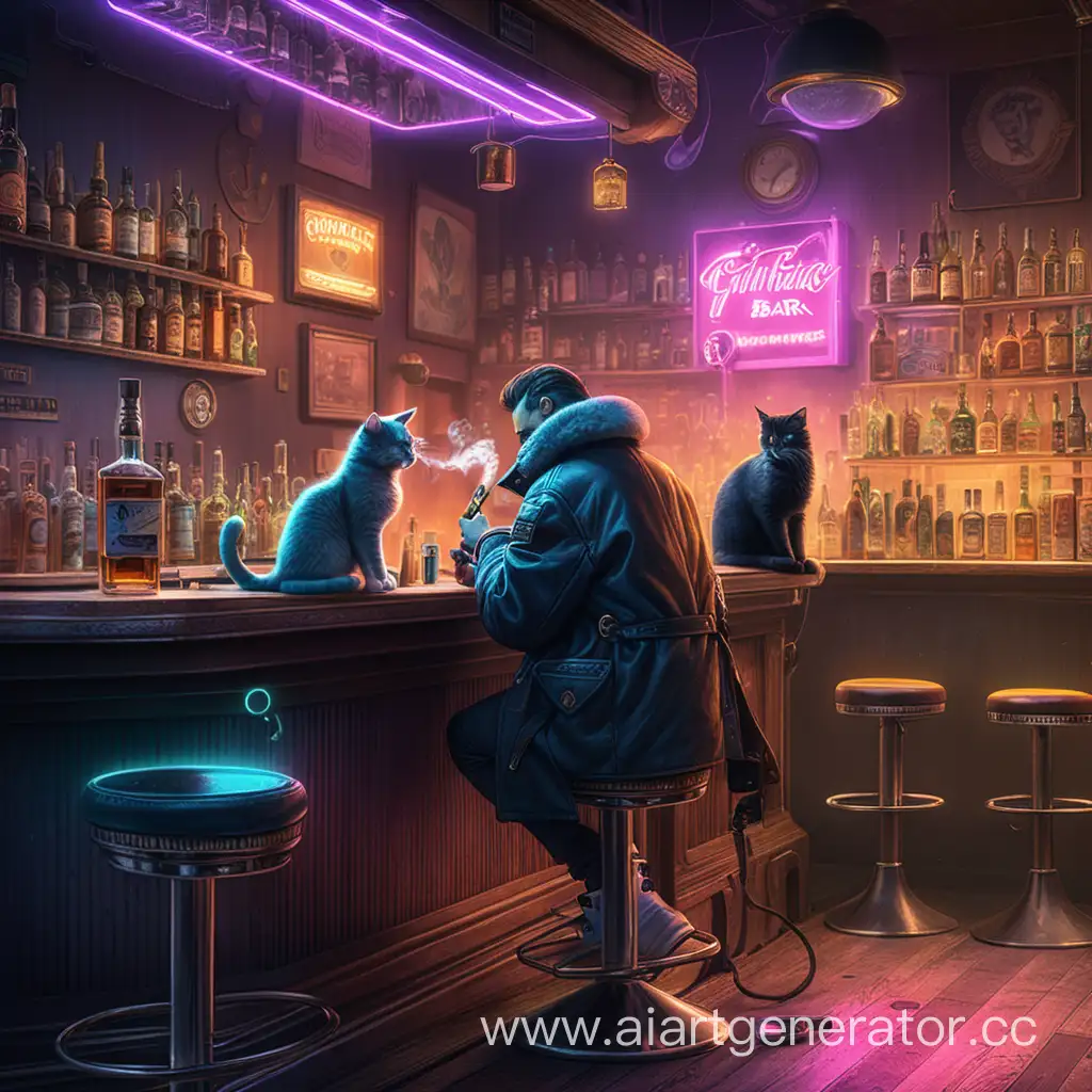 Бар в стиле киберпанк, одинокий мужчина в плаще сидит у барной стойки и потягивает виски, рядом с ним на барной стоке сидит кот и вылизывается, рядом с мужчиной стоит пепельница в ней лежит тлеющая сигарета.