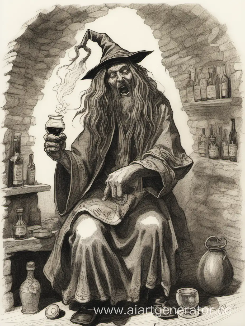 рисунок чародея пьяницы с длинными волосами
