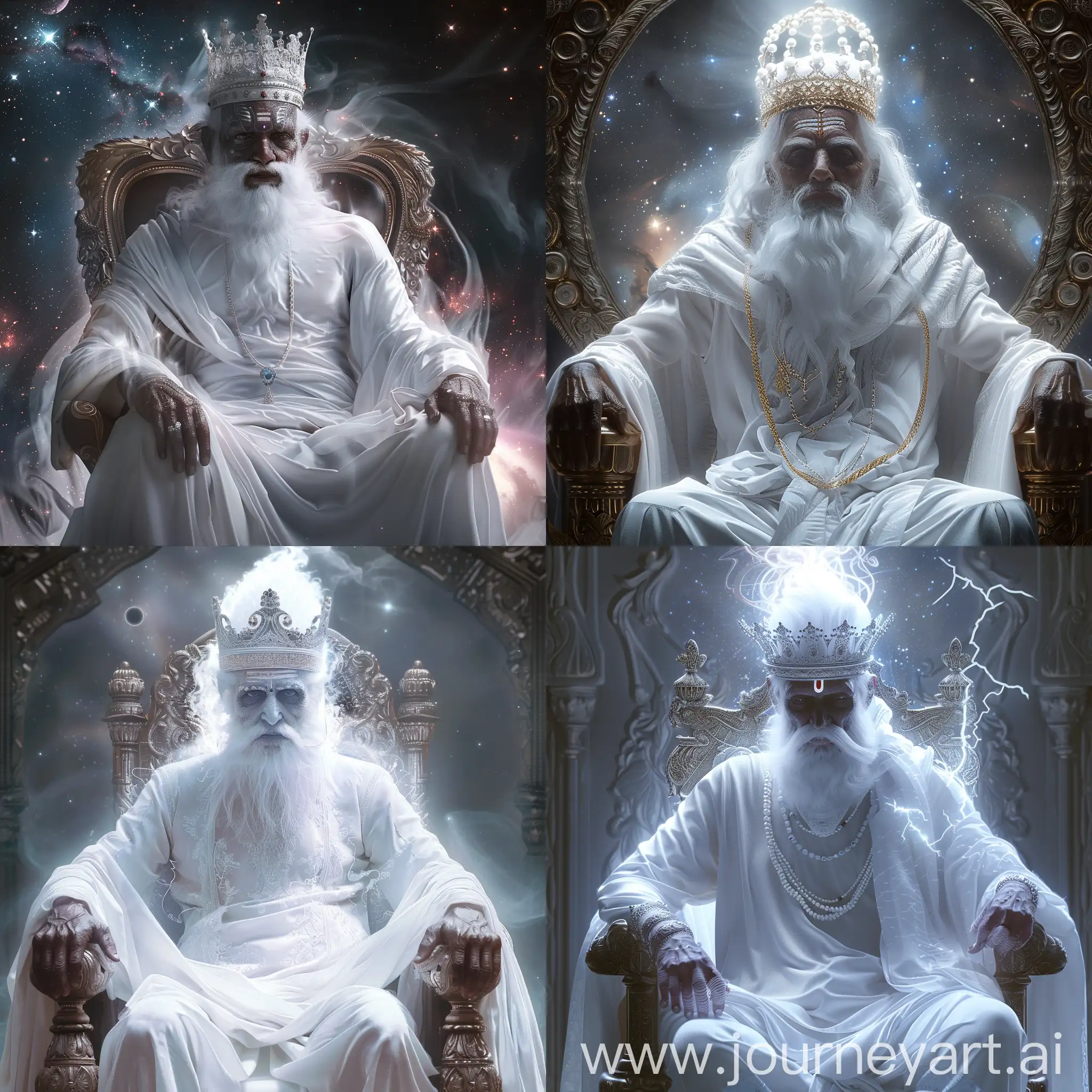 A god, white king crown on head, dressed in white, looking like an old Baba, with a white beard, and sitting on a throne like a king. white glowing skin,  ultra realistic, HD, divine atmosphere, galaxies, lighting,    kabir Saheb Prompt
