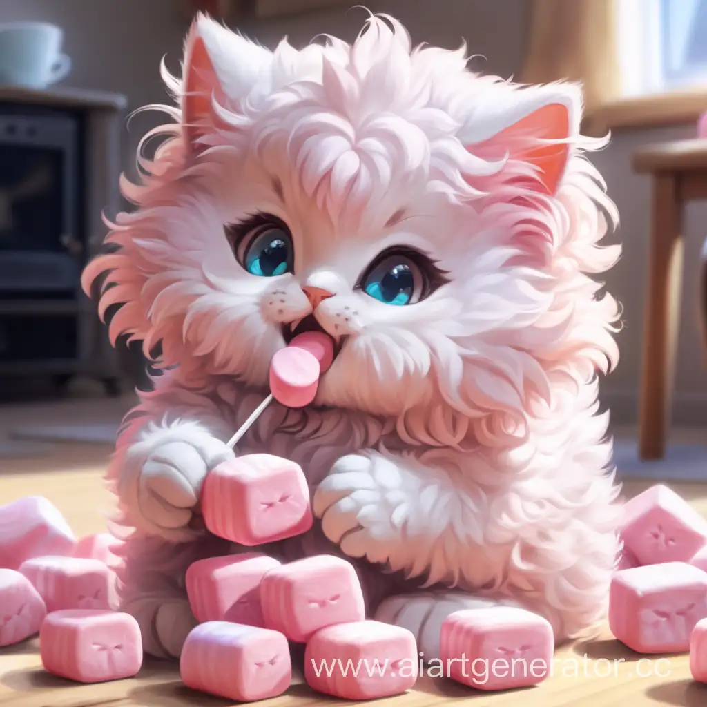 Милый пушистый котик кушает розовые зефирки