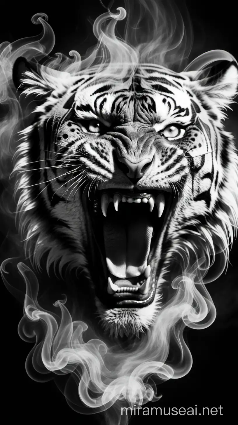 Roaring Tiger Head Tattoo Design Black and White Frontal Portrait with Textured Lines on Smoky Background