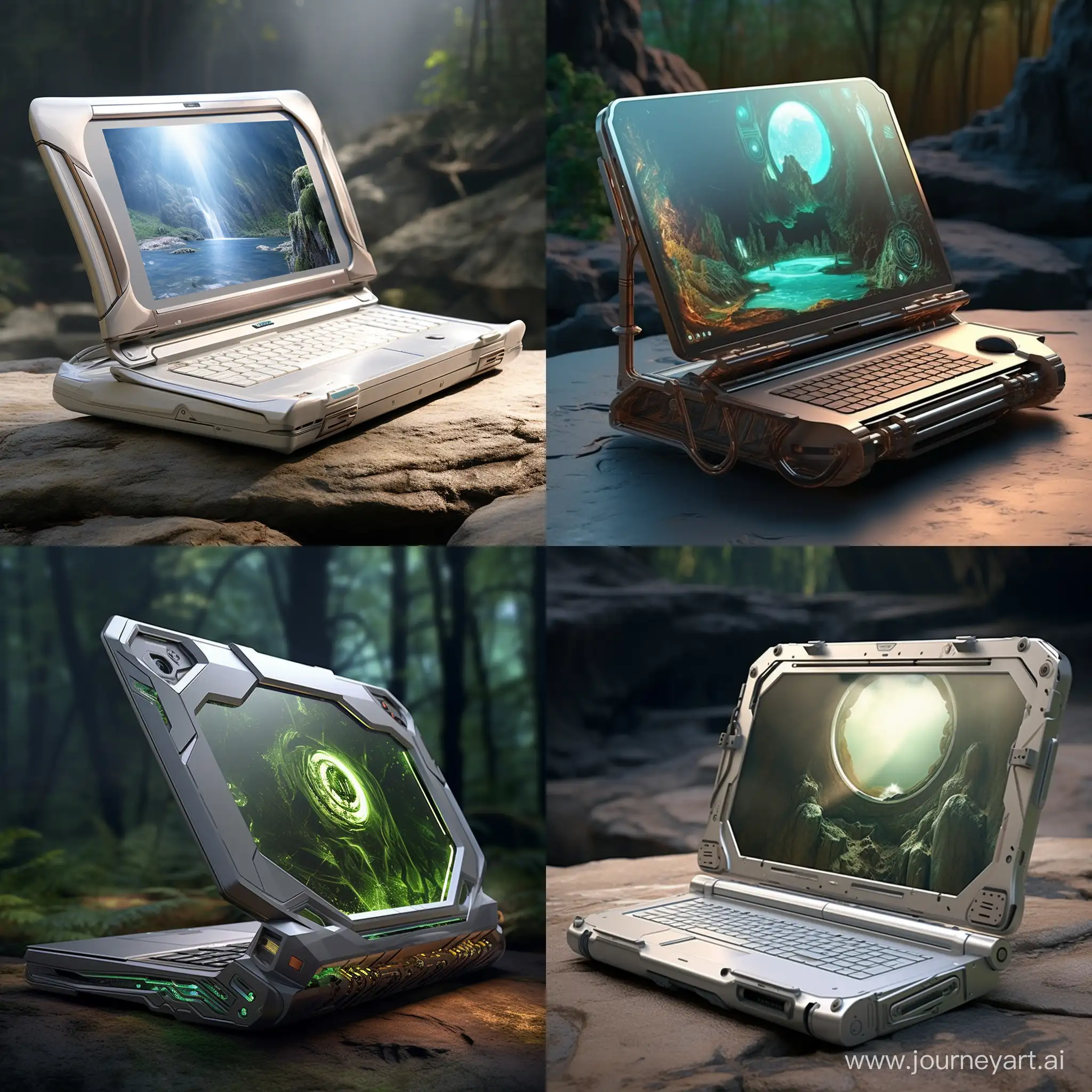 Futuristic laptop, eco-friendly style, science fiction