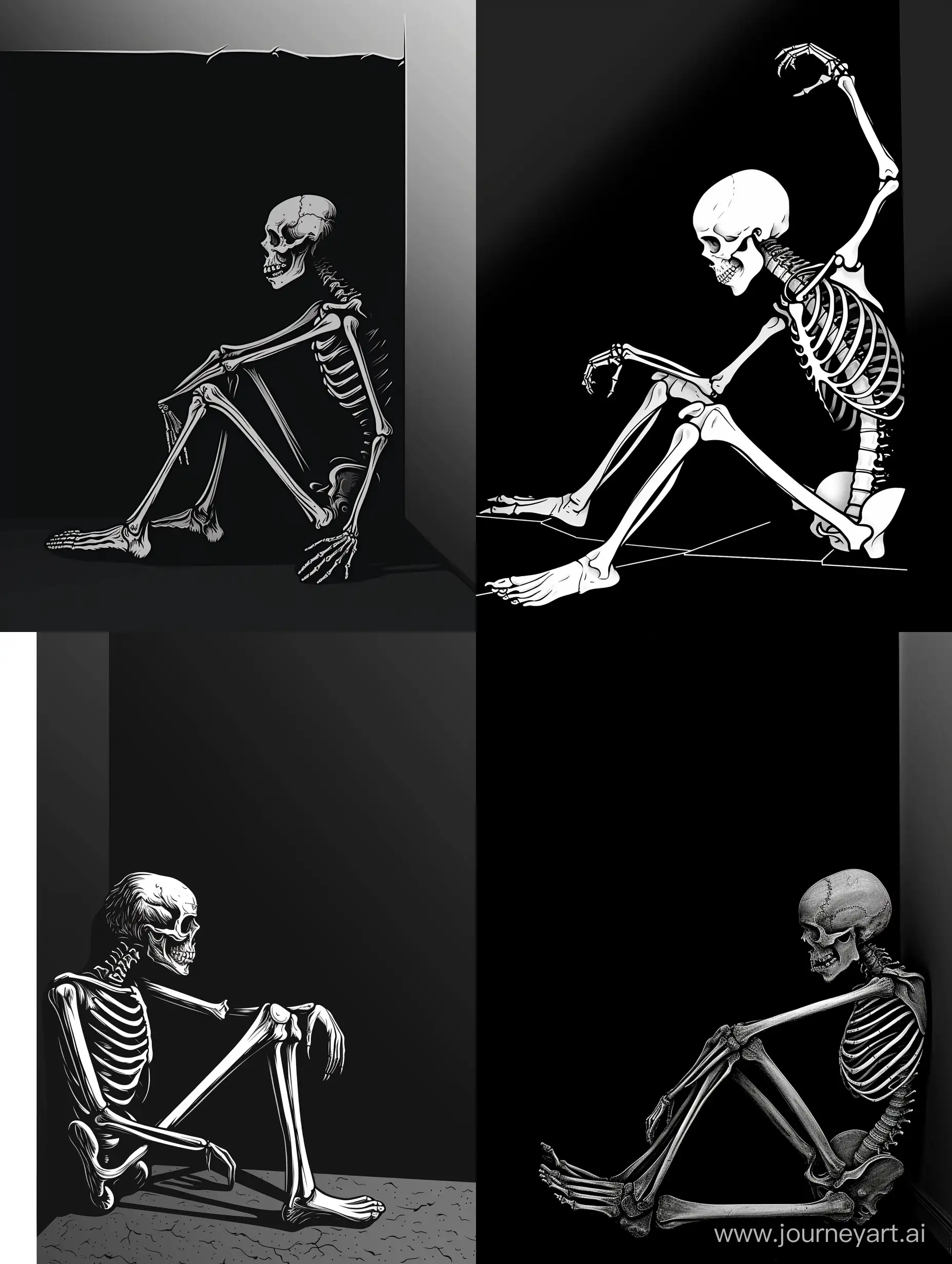 logo, minimalistic, deadman in full length who sits on the invisible floor, leaning against the wall, sad, side view, pinned in a corner, huddled in a corner out of fear, afraid and stretches out his hands, bones, skeleton, black background