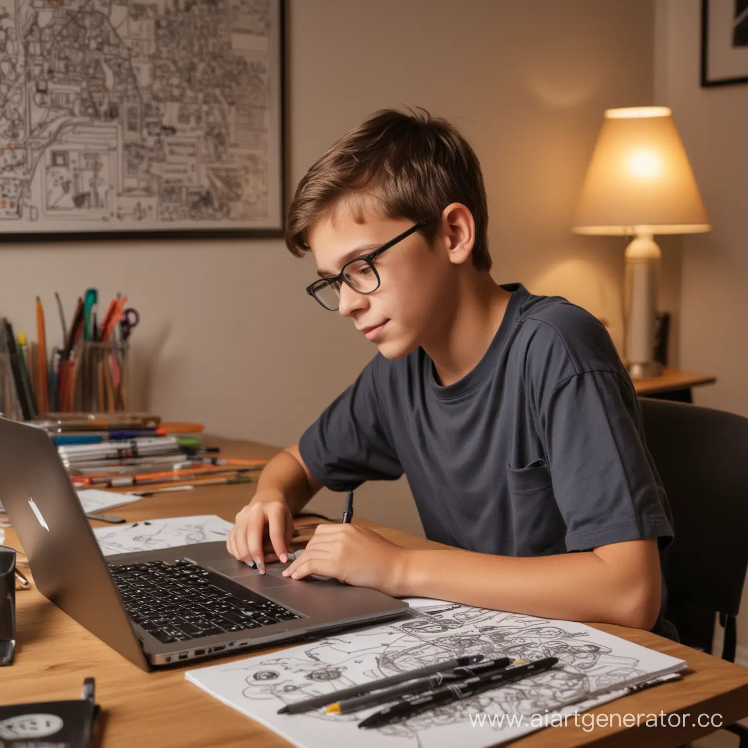 Мальчик 12 лет занимается за ноутбуком дома за рабочим столом, на котором находятся рисунки и карандаши с маркерами, в доме с уютным светом