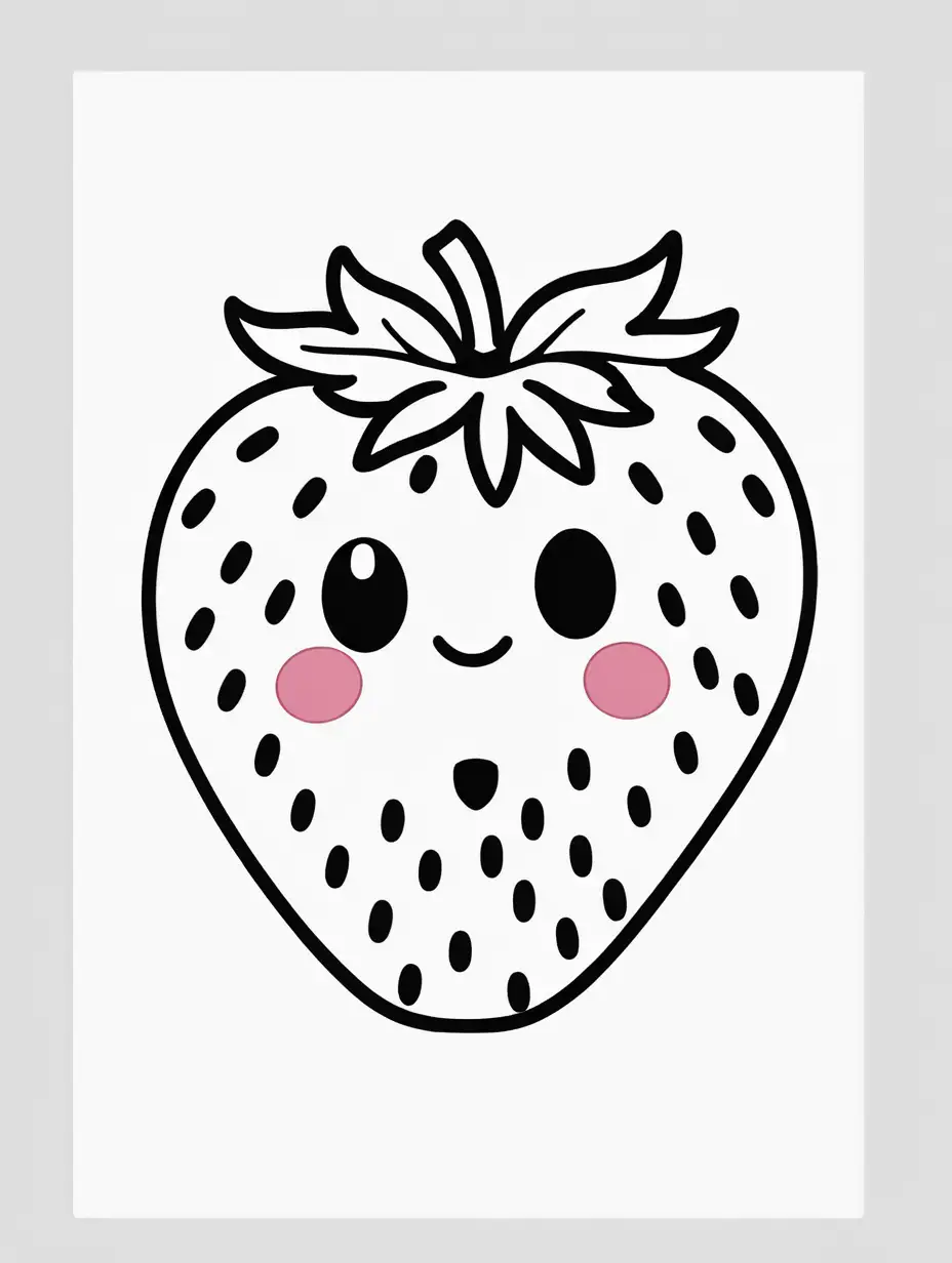 coloring book, cartoon drawing, clean black and white, single line, white background, cute large strawberry, emojis