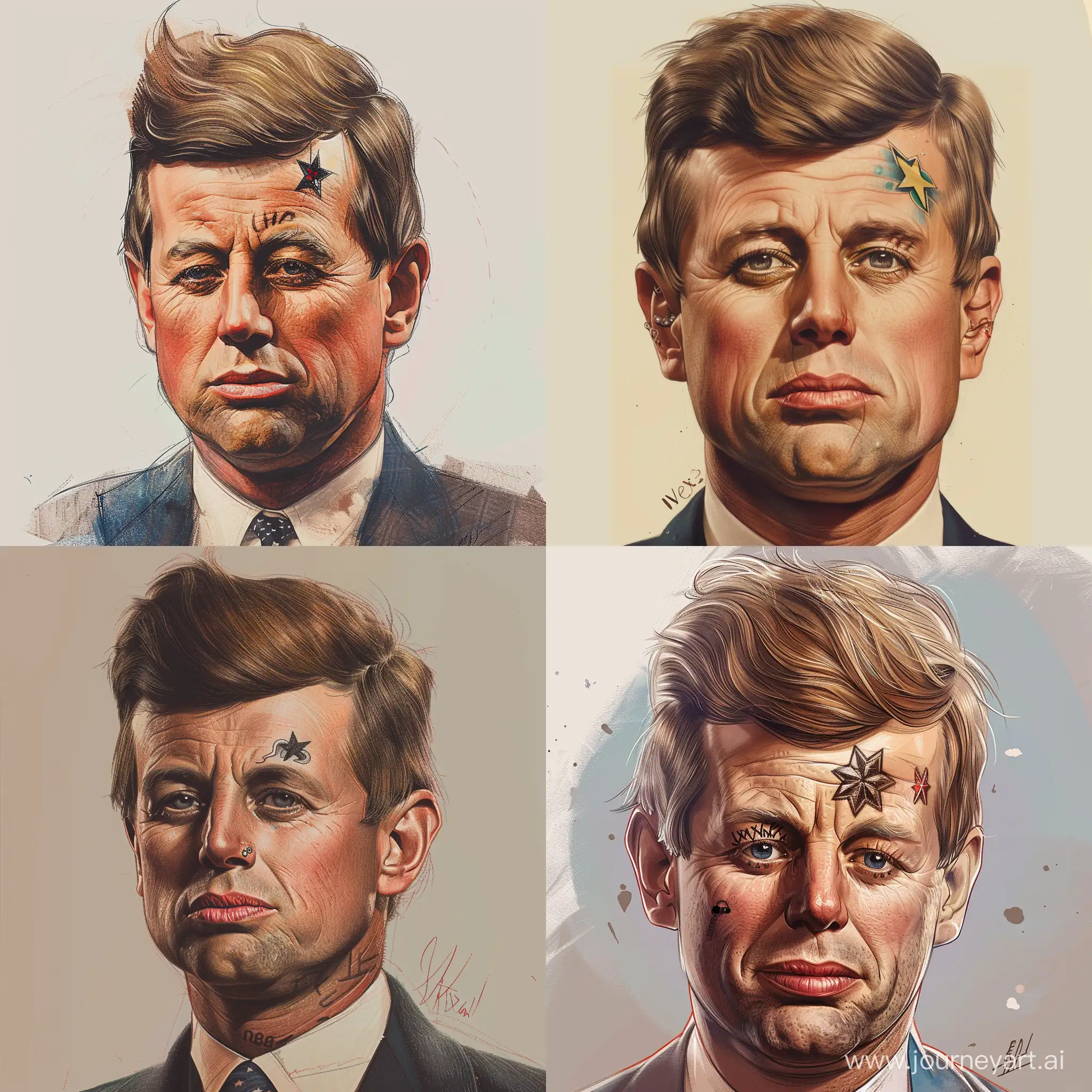 Draw John Kennedy with a rapper like tattoo above the eyebrow. Try to make the art as much realistic as possible and make it colorful.