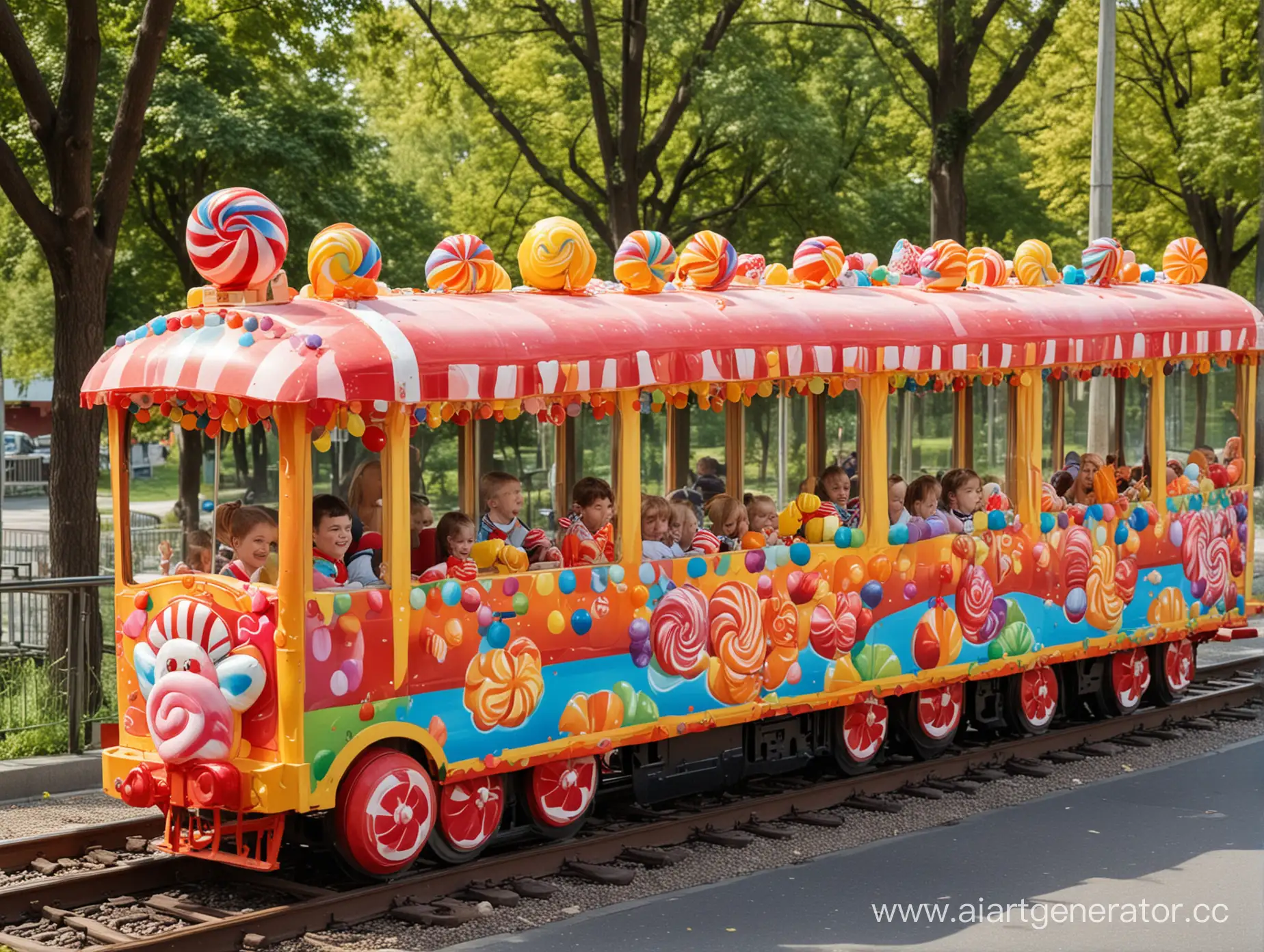 Colorful-Candy-Train-Ride-for-Kids-in-Park-Setting