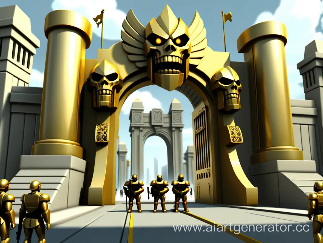 вход в город. золотые ворота , по бокам ворот стоят стражи, великаны с пулеметами.
добавь по бокам великанов