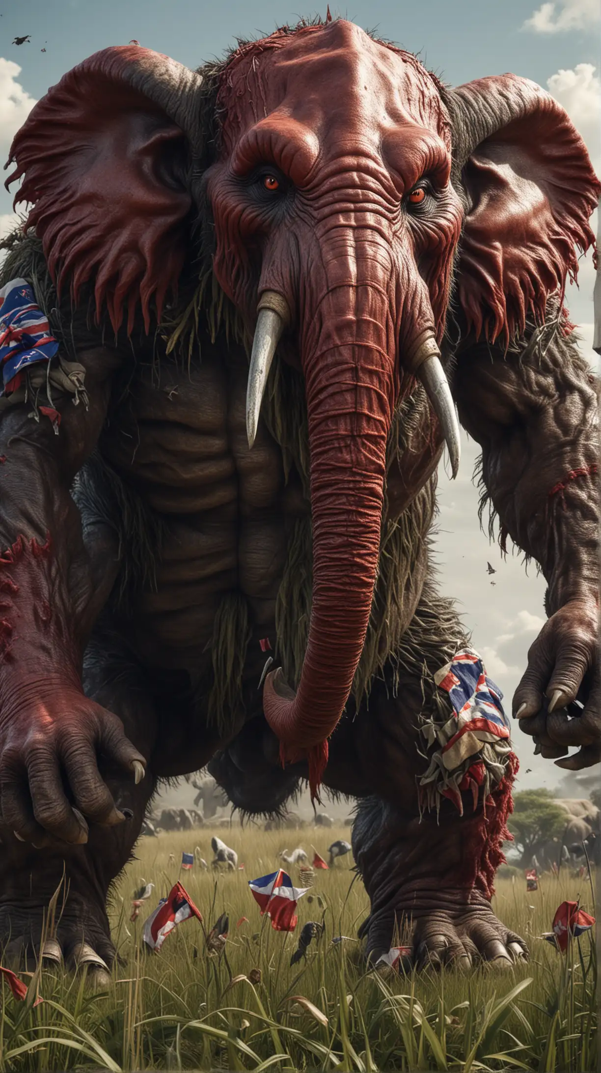 close up picture of an epic  rouge monster with elephant face angry with weapons in muscular hands and giant size and muscles standing in the middle of a grass land in a war the face is scary the picture is ultra realistic and clear and had south african  flag and details in the body 