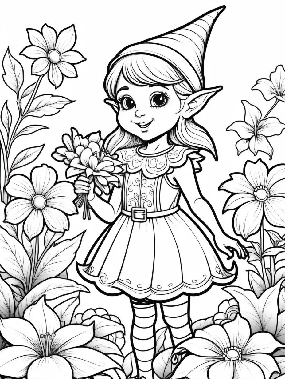 Little girl elf playing with flowers Kids coloring book