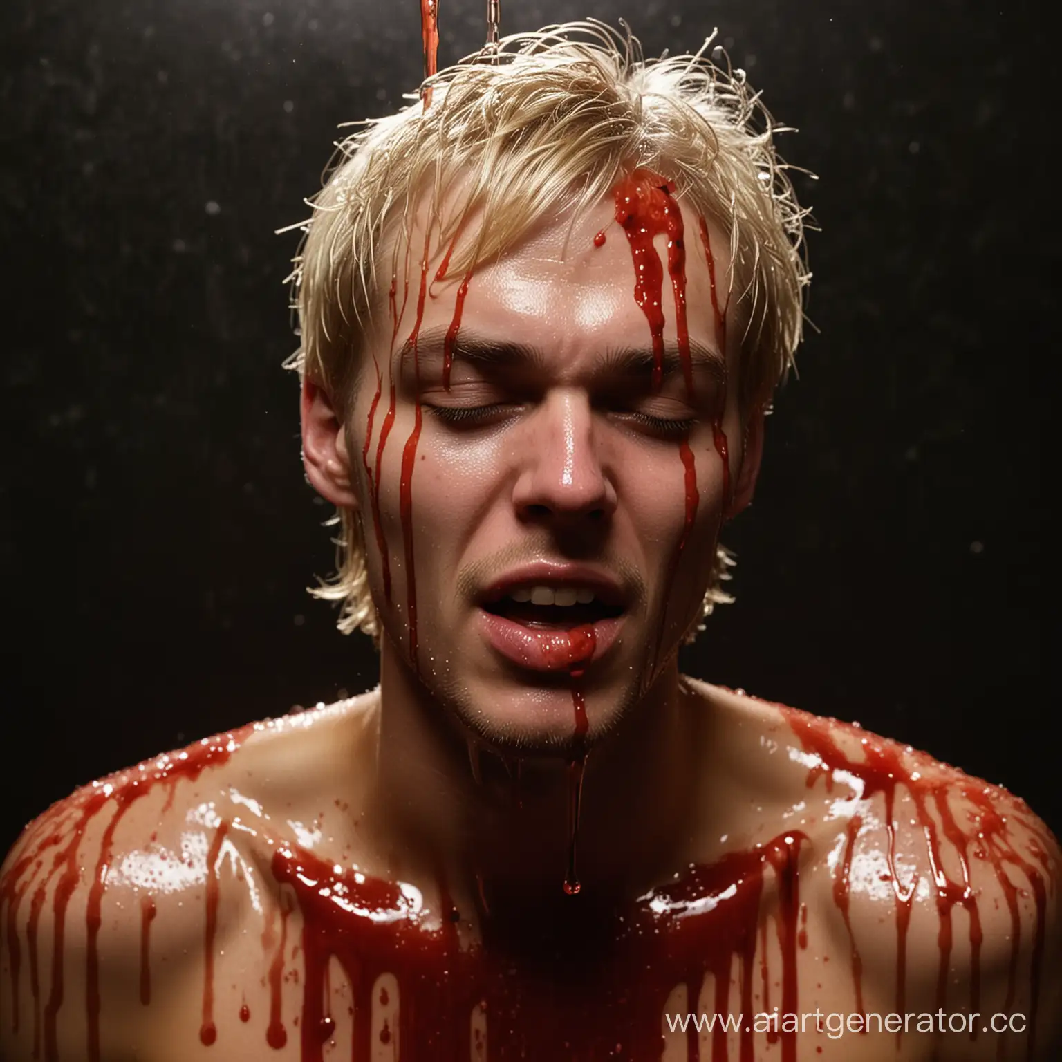 Blonde-Man-Covered-in-Red-Liquid-Looking-Up