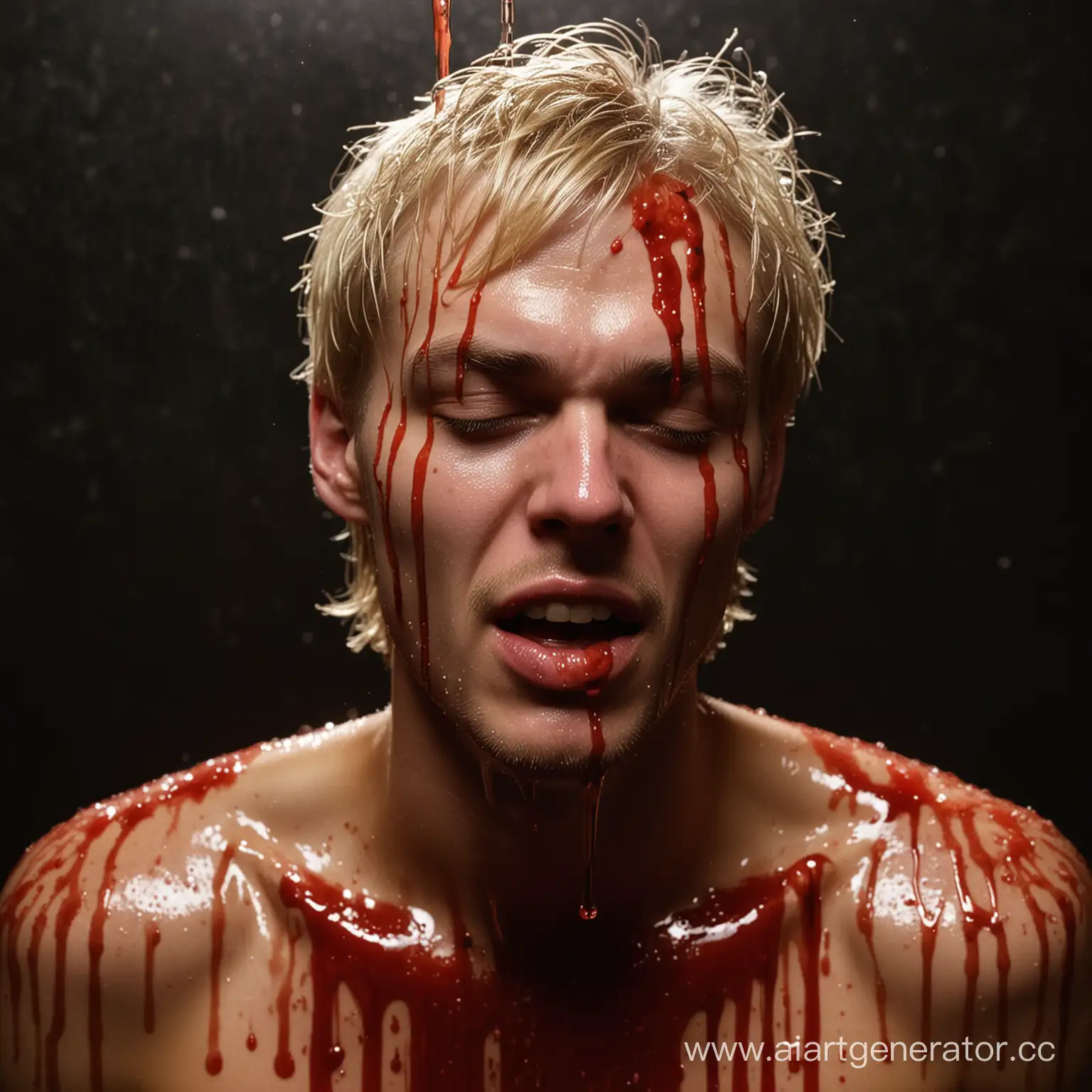 the blonde is looking at the camera, his head is slightly raised up and slightly turned to the left, his mouth is slightly open. face in left bottom to top. A red liquid drips completely onto his body. his body is completely covered in liquid. The background is dark