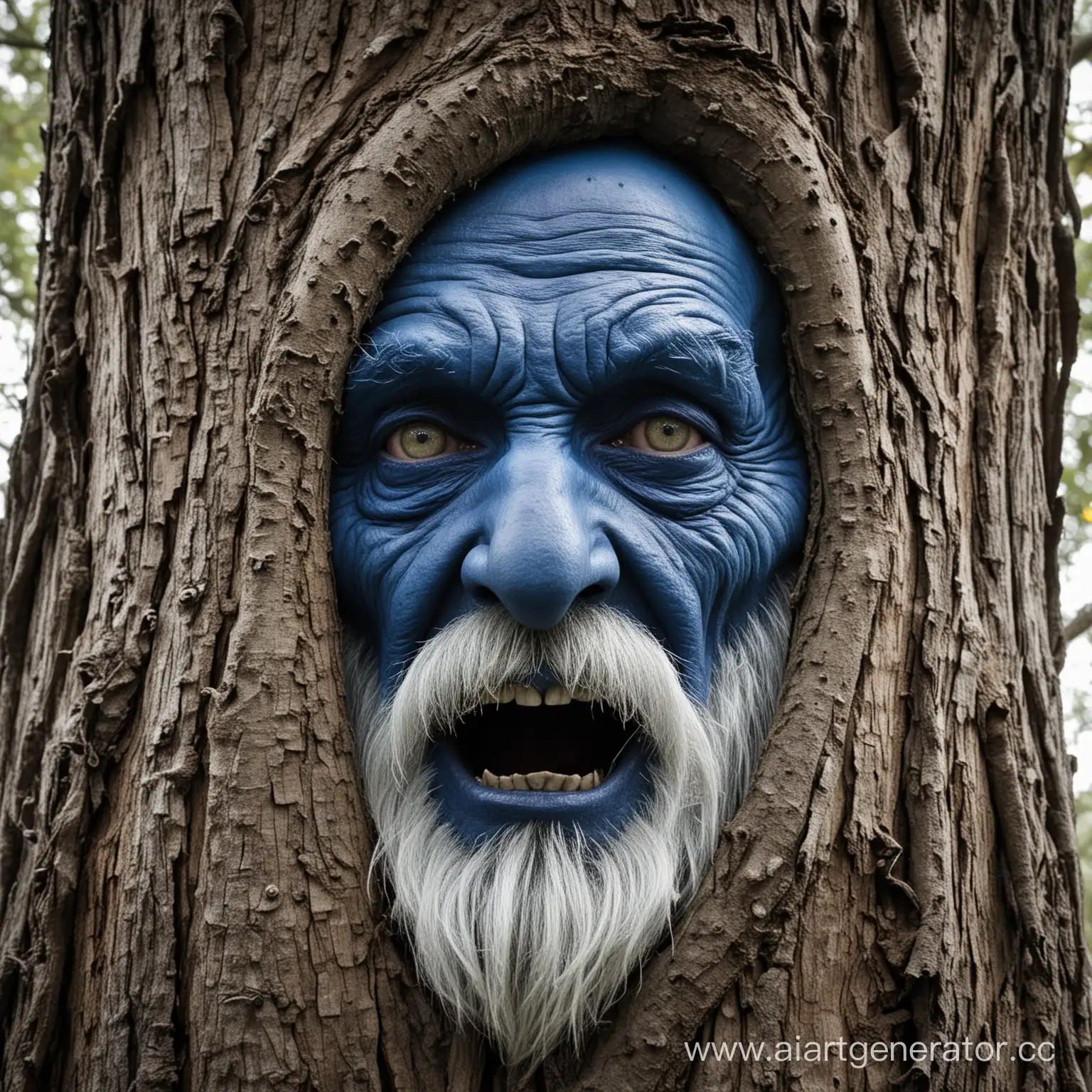 Eerie-Encounter-Startling-Blue-Face-Peeking-from-Behind-a-Tree