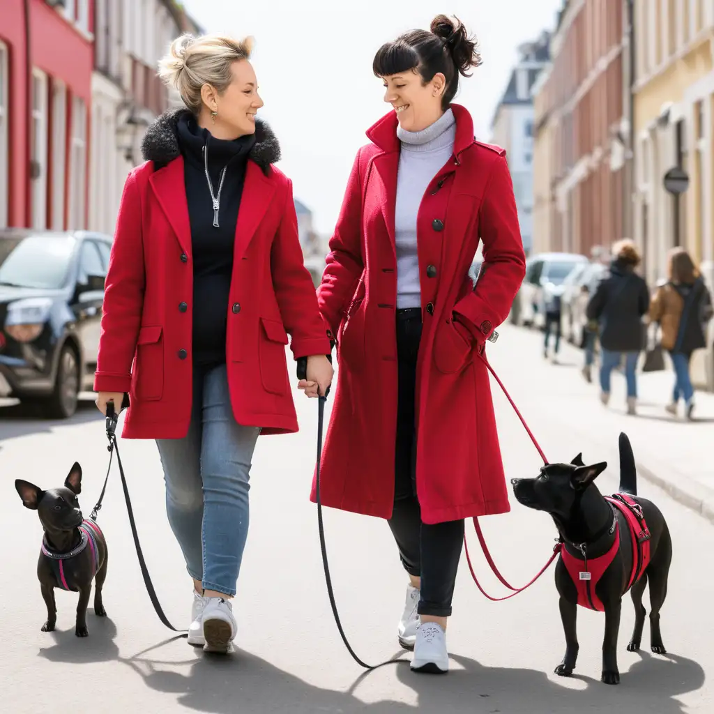 group lesbian dog walking club, woman with red coat and small black dog