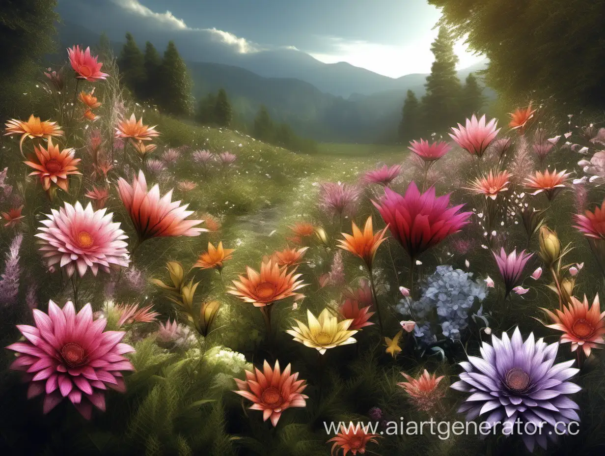 Фантастические  цветы, фотореалистичные, в природном ландшафте

