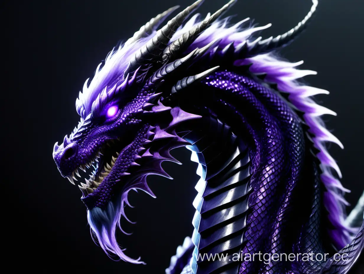 Тёмный светящийся фиолетовым цветом дракон, гермафродитной внешности, с длинными фиолетовыми волосами, с седой бородкой