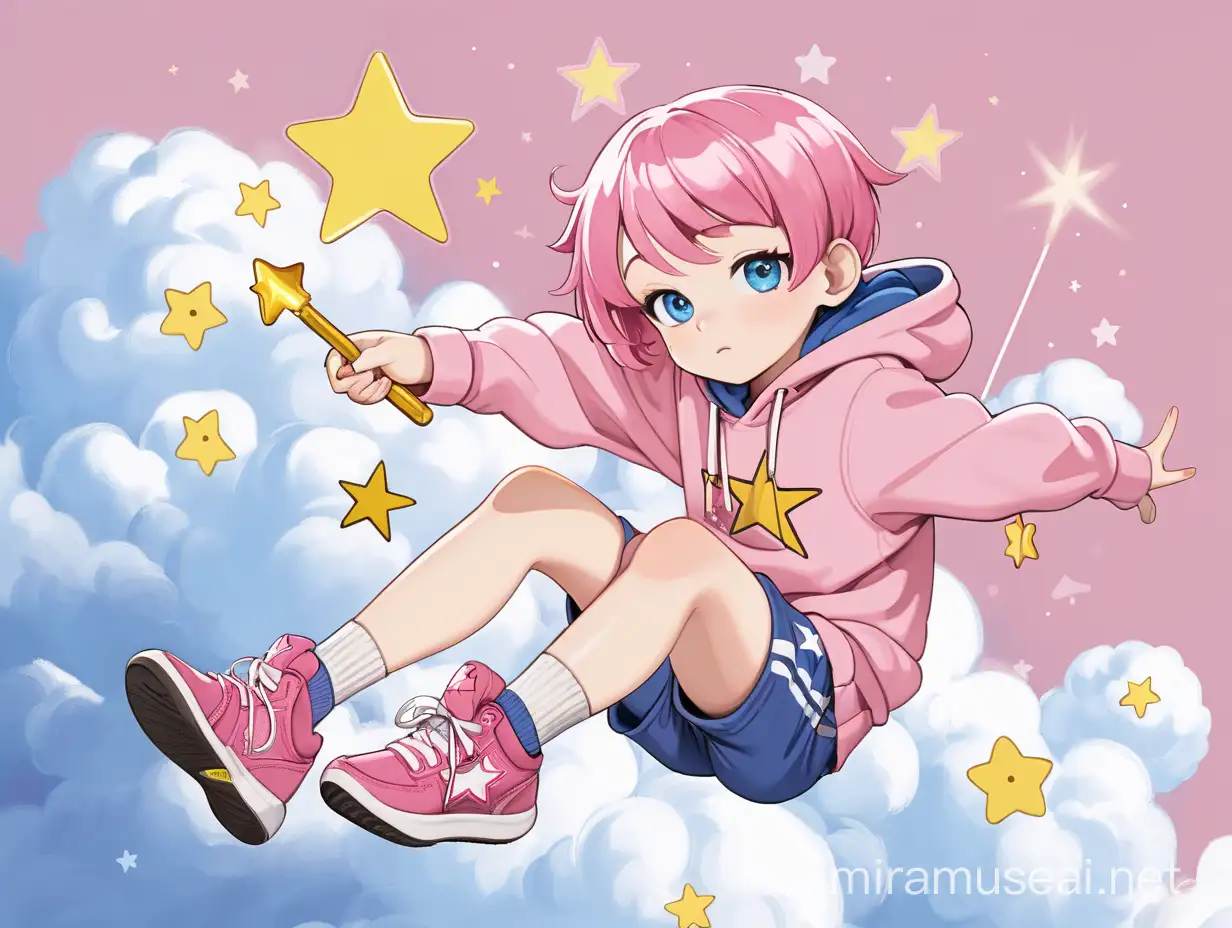 Girl with short pink hair, blue eyes, pink hoodie with a yellow star on it, pink shorts, reddish pink, holding a star wand, sitting on a cloud