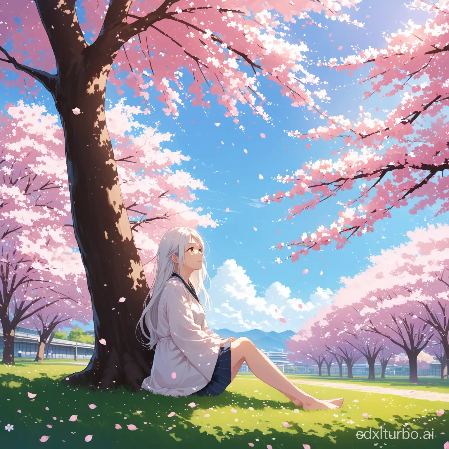 In the campus, a long-haired and white-haired girl sits under a cherry blossom tree. She is about 1.7 meters tall, quietly sitting under the cherry blossom tree. With the wind blowing, petals scatter in the air. It's a early summer afternoon, and the distant sky is very clear.