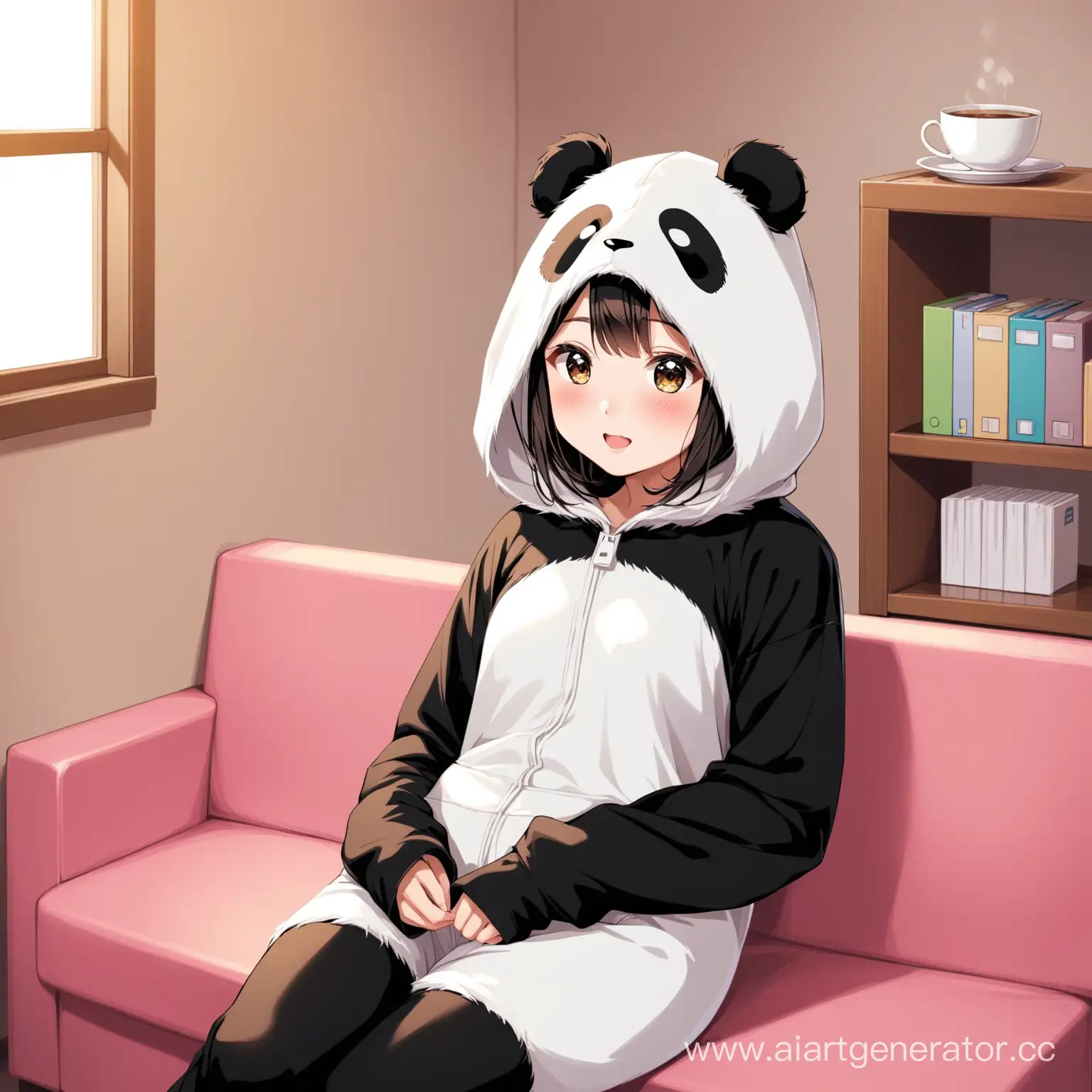 Девушка в костюме панды сидит в комнате