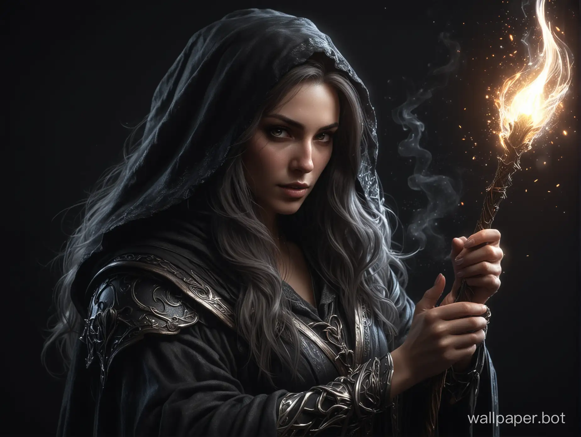 Draw a fantasy female dark wizard who shines brightly on a black background.  hdr light. bloom light. 8k detail.