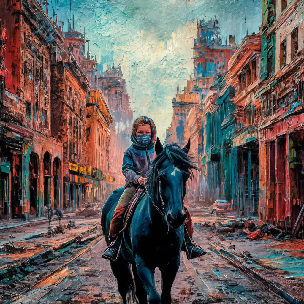 impressionist interpretation of a post apocalyptic city landscape with bold colors and distinct brushstrokes, vibrant, textured, atmospheric, a child is riding a dark horse 